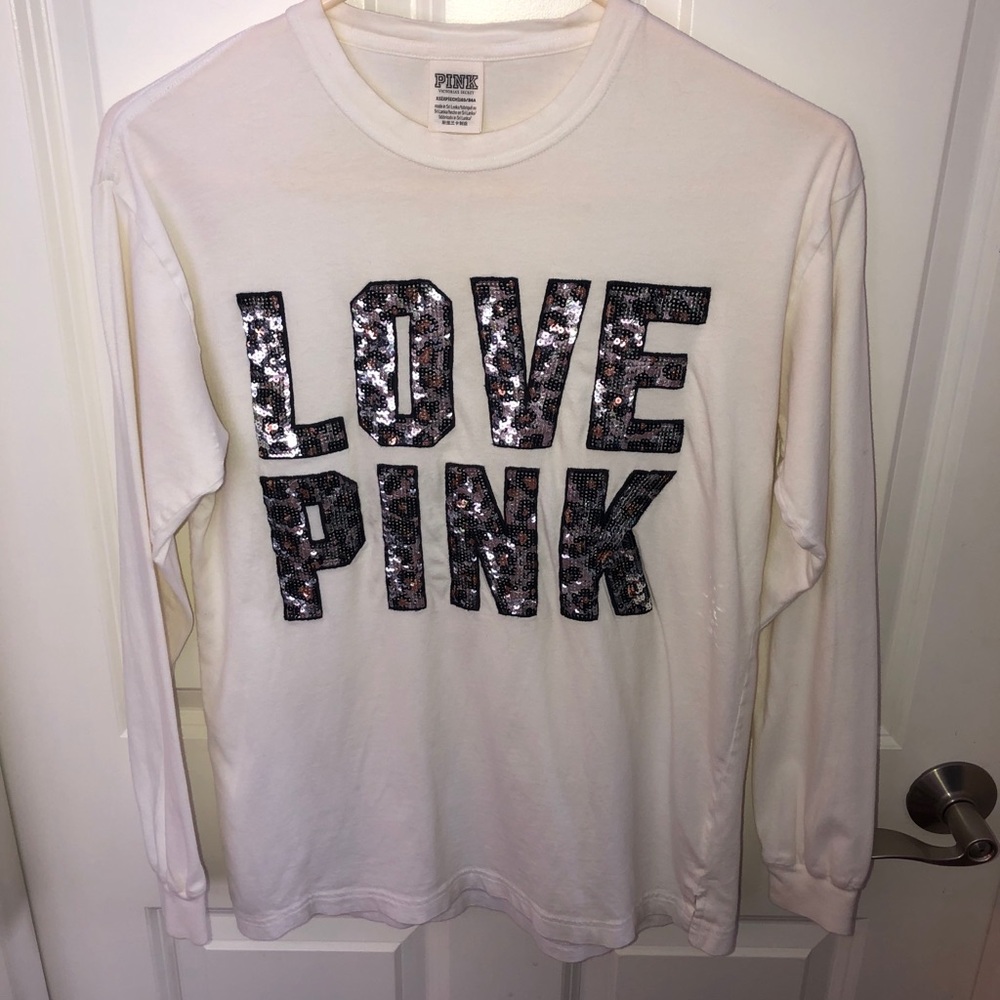 VS PINK Cheetah Print Sequin White Tee Shirt